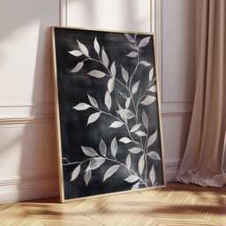 White Botanical Leaves Poster, Chalkboard Style Art Print, Minimalist Nature Wall Decor, Black & Leaf Artwork - thumbnail 2