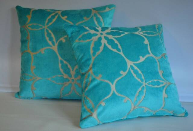 "2 Blue & Gold Velvet Chenille Cushions 15"" X 15 " - image 1