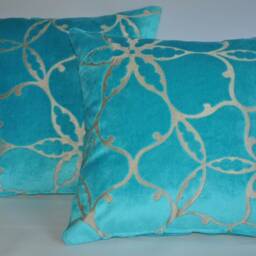 "2 Blue & Gold Velvet Chenille Cushions 15"" X 15 " - thumbnail 2
