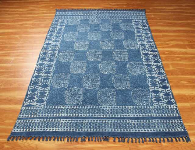 Blue Elephant Print Cotton Rug - Hand Washable Indigo Kilim - image 1