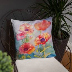 Hand Painted Watercolor Red Poppies Basic Pillow