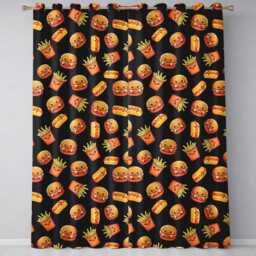 Cute Kawaii Burger Fries Hotdog Fast Food Seamless Pattern Black Background Readymade Eyelet Ring Top Thermal 100% Blackout Curtains - thumbnail 2
