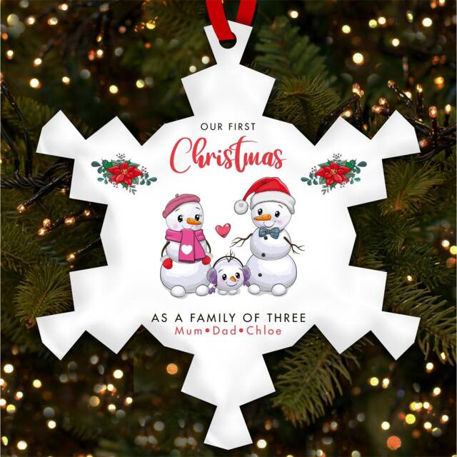 First As A Family Of 3 Snowman Personalised Christmas Tree Ornament Decoration