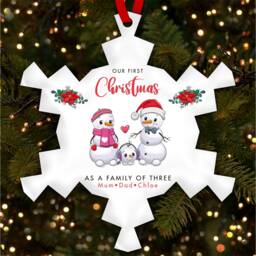 First As A Family Of 3 Snowman Personalised Christmas Tree Ornament Decoration