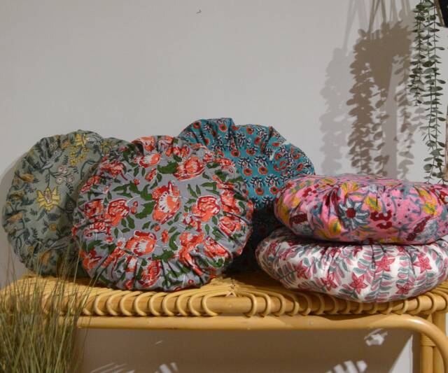 Round Cushion 40cm - Handmade in France Pleated Blockprint Floral Cotton - image 1