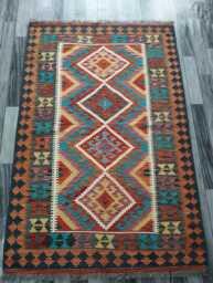 Tribal Kilim Rug, Handmade Artisan Afghan Turkish Scandinavian Navajo Bohemian Flatweave Natural Wool Rug 187x124 cm - thumbnail 1