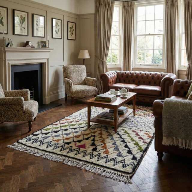 Hand-Woven Wool Azilal Rug Moroccan Tribal Mosaic Design, Earthy Tones, Shag Pile - image 1