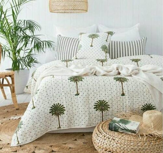 Palm Tree Print Kantha, Beautiful Indian Handblock Quilt, Decorative Kantha Bedspread, Bedcover, Kantha Quilt, Queen Size Bedcover