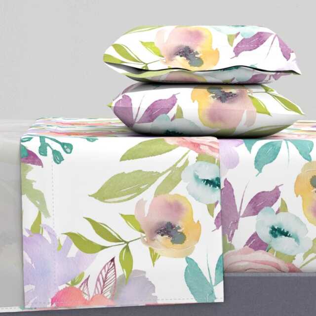 Floral Sheets - Allidomo By Theartwerks Watercolor Springs Large Scale Botanical Cotton Sateen Sheet Set Bedding Spoonflower - image 1