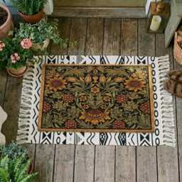 William Morris Sunflower Doormat, Dark Floral Coir Welcome Mat, Victorian Cottagecore Decor