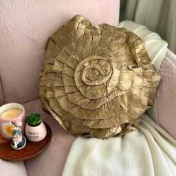 Dull Beige Satin Ruffled Rose 16 Inch Modern Round Pillow Cover - Ruffles - thumbnail 2