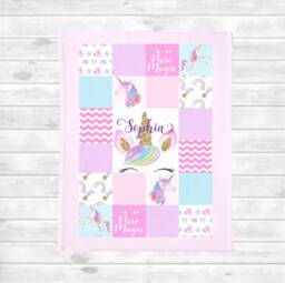 Personalized Unicorn Baby Blanket - Girl Quilt Minky Toddler Bedding- Crib Blanket- Name - thumbnail 1