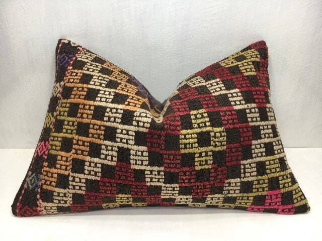 Vintage Turkish Kilim Lumbar Pillow Cover, Ethnic Handwoven Cushion - 16x24 - image 1