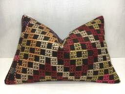 Vintage Turkish Kilim Lumbar Pillow Cover, Ethnic Handwoven Cushion - 16x24 - thumbnail 1