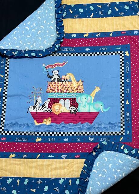 Noah's Ark Baby Crib Quilt, Sale Discount -Assembled & Sewn, Ready To Tie Or Blue Yellow Red, Cotton Fabric, Blanket, Moon Stars - image 1