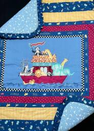 Noah's Ark Baby Crib Quilt, Sale Discount -Assembled & Sewn, Ready To Tie Or Blue Yellow Red, Cotton Fabric, Blanket, Moon Stars - thumbnail 1