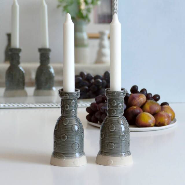 3D Printed Clay Candleholders, Polka Dots Pattern, Pop Style, Pair Of Shabbat Candlesticks, Ceramic With Gray Glaze - image 1
