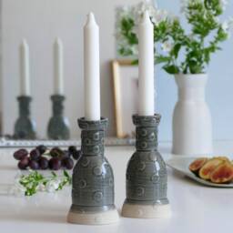 3D Printed Clay Candleholders, Polka Dots Pattern, Pop Style, Pair Of Shabbat Candlesticks, Ceramic With Gray Glaze - thumbnail 3