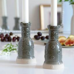 3D Printed Clay Candleholders, Polka Dots Pattern, Pop Style, Pair Of Shabbat Candlesticks, Ceramic With Gray Glaze - thumbnail 2