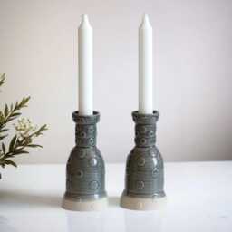 3D Printed Clay Candleholders, Polka Dots Pattern, Pop Style, Pair Of Shabbat Candlesticks, Ceramic With Gray Glaze - thumbnail 4