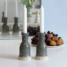 3D Printed Clay Candleholders, Polka Dots Pattern, Pop Style, Pair Of Shabbat Candlesticks, Ceramic With Gray Glaze - thumbnail 1