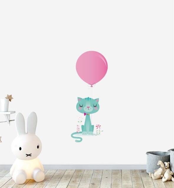 Cat With Big Balloon Wall Sticker Decal - Dogs & Pets Stickers, Art, Decals, Kids Animals Decals