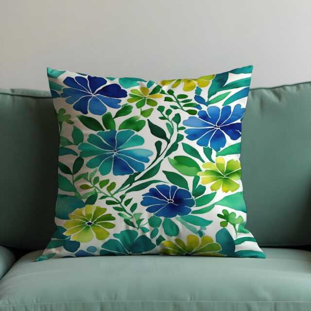 Blue Green Floral Cushion Cover, Bold Botanical Flower Pillowcase, Soft Decorative Throw Pillow Cover - image 1