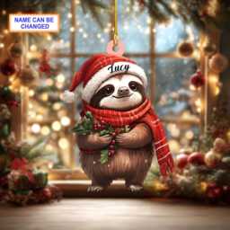 Custom Name Sloth Wearing Scarf & Santa Hat Mistletoe Xmas Ornament, Christmas Tree Hanging Decor, Flat 2D Ornament - thumbnail 3