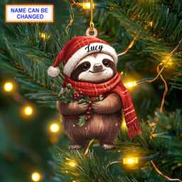 Custom Name Sloth Wearing Scarf & Santa Hat Mistletoe Xmas Ornament, Christmas Tree Hanging Decor, Flat 2D Ornament - thumbnail 1