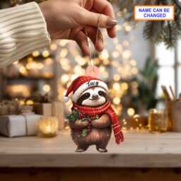 Custom Name Sloth Wearing Scarf & Santa Hat Mistletoe Xmas Ornament, Christmas Tree Hanging Decor, Flat 2D Ornament - thumbnail 2