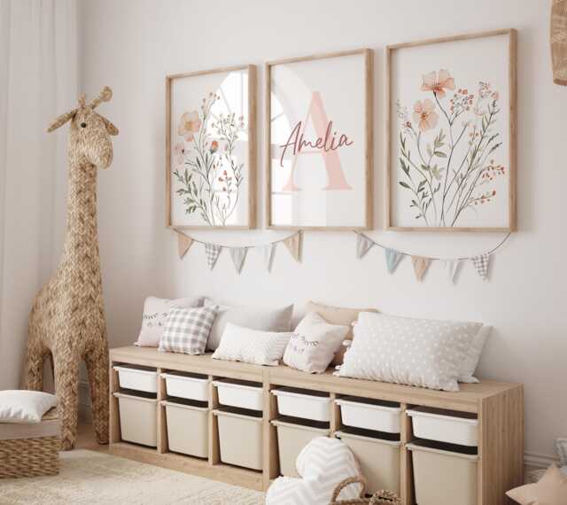 Set Of 3 Wildflower Nursery Prints - Custom Name Watercolour Floral Personalised Girl Room Boho Neutral Beige Dusky Pink Sage Unframed - image 1