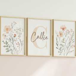 Set Of 3 Wildflower Nursery Prints - Custom Name Watercolour Floral Personalised Girl Room Boho Neutral Beige Dusky Pink Sage Unframed - thumbnail 2