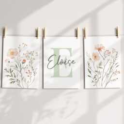 Set Of 3 Wildflower Nursery Prints - Custom Name Watercolour Floral Personalised Girl Room Boho Neutral Beige Dusky Pink Sage Unframed - thumbnail 3