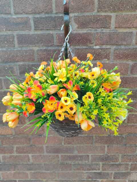 Handcrafted Yellow Orange Tulip Hanging Basket Summer Outdoor Decor - 10 Inch - image 1