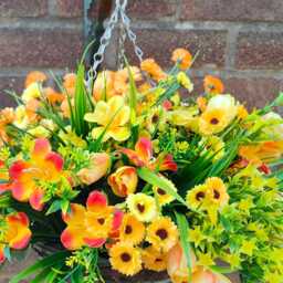 Handcrafted Yellow Orange Tulip Hanging Basket Summer Outdoor Decor - 10 Inch - thumbnail 2