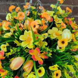 Handcrafted Yellow Orange Tulip Hanging Basket Summer Outdoor Decor - 10 Inch - thumbnail 3