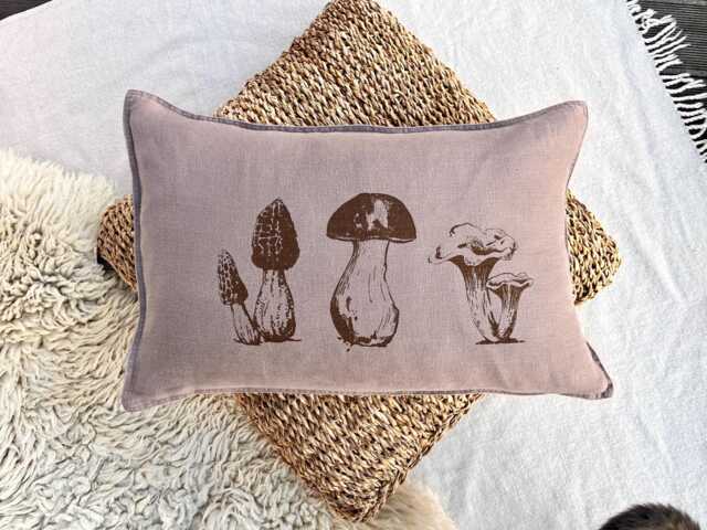 Hand-Printed Linen Pillowcase in Taupe With Mushroom Motif, 100% Pillowcase, Screen Printed, Special Gift For Collectors - image 1