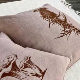 Hand-Printed Linen Pillowcase in Taupe With Mushroom Motif, 100% Pillowcase, Screen Printed, Special Gift For Collectors - thumbnail 3