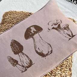 Hand-Printed Linen Pillowcase in Taupe With Mushroom Motif, 100% Pillowcase, Screen Printed, Special Gift For Collectors - thumbnail 2