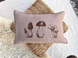 Hand-Printed Linen Pillowcase in Taupe With Mushroom Motif, 100% Pillowcase, Screen Printed, Special Gift For Collectors - thumbnail 1