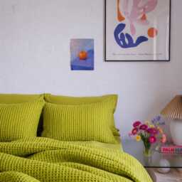 Chartreuse Green Waffle 100% Cotton Duvet Cover Set - thumbnail 2