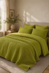 Chartreuse Green Waffle 100% Cotton Duvet Cover Set