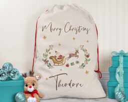 Personalised Large Christmas Sack Xmas Santa Sleigh Reindeer Name Stocking Star Gift Red Drawstring Decoration Sk167 - thumbnail 1