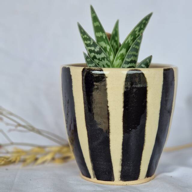 stripe Ceramic Planter, Handmade Glazed Pot, Black Plant Pots, 500Ml White Vessel, Unique British Gift, Handcrafted Pots - image 1