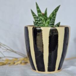 stripe Ceramic Planter, Handmade Glazed Pot, Black Plant Pots, 500Ml White Vessel, Unique British Gift, Handcrafted Pots