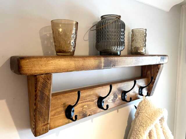 Handmade Coat Rack Shelf With 10 Black Hooks - Rustic Hallway Storage Unit - image 1
