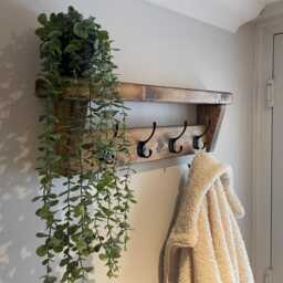 Handmade Coat Rack Shelf With 10 Black Hooks - Rustic Hallway Storage Unit - thumbnail 3