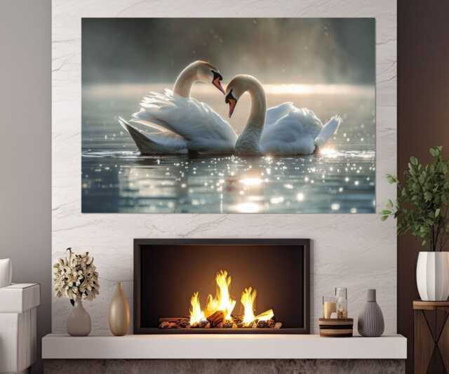 Swans Canvas Print, Love Wall Art, in Painting, Anniversary Gift, Romantic Couple Poster, Framed & Ready To Hang - image 1