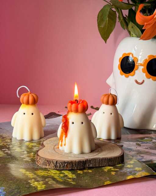 Ghost With Orange Pumpkin Hat Soy Wax Candle - image 1