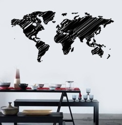 Wall Vinyl Decal World Map in Hatching Style America Africa Eurasia Continents - #2499Dn - thumbnail 1